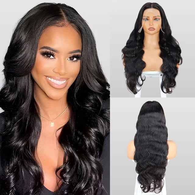 Woman with long black wavy hair and a close-up of the hair extensions on a mannequin head.